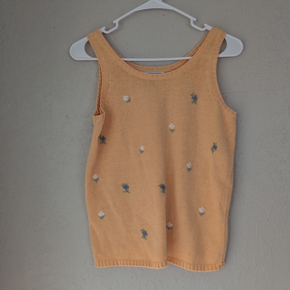 Floral Knit Tank S Yellow Flower Embroidery Stretch Cottagecore Whimsy Twee Boho - Picture 1 of 5